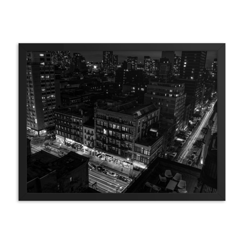 Hell's Kitchen at Night - Black and White Framed Print - New York, New York